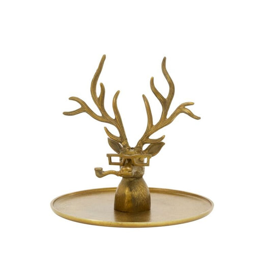 Frankie the Stag tray with pipe and glasses, standing in center of round cast aluminum tray